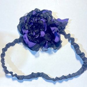 Chiffon and satin hair elastic headband with handcrafted rose. Black & violet